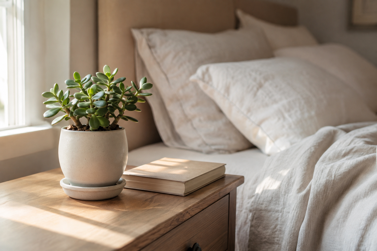 Petit arbre de jade en pot clair posé sur une table de chevet dans une chambre lumineuse