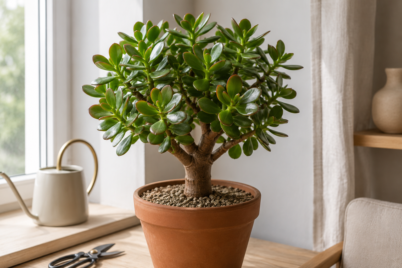 Arbre de jade Crassula ovata en pot de terre cuite sur un rebord de fenêtre lumineux