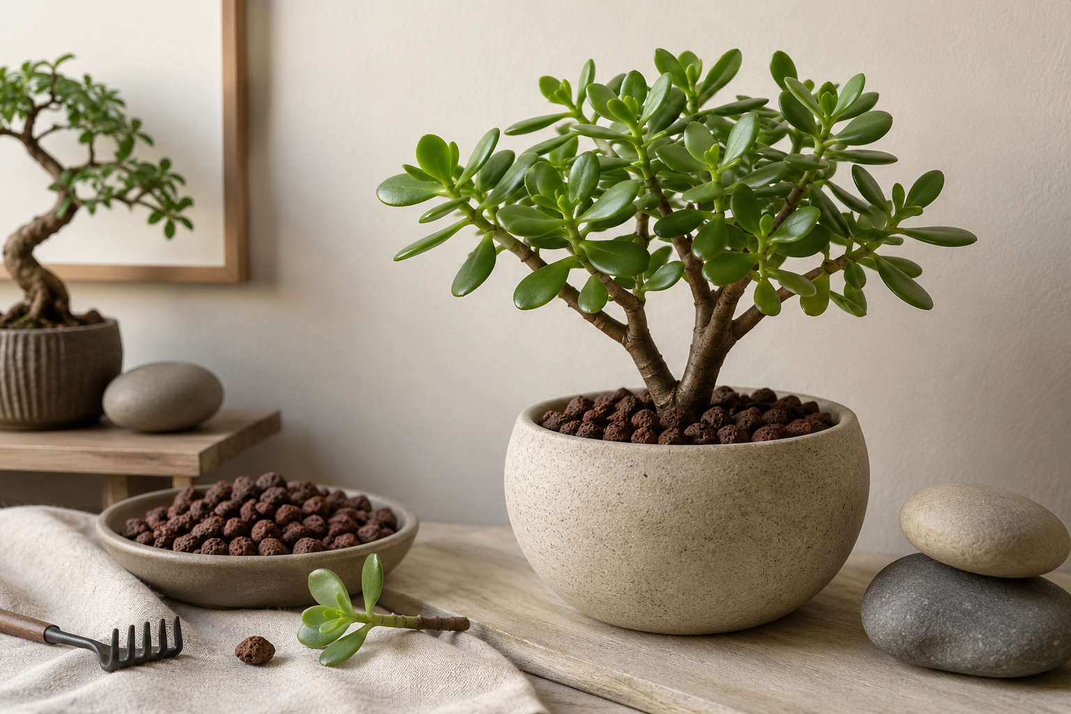 Arbre de jade (Crassula ovata) dans un pot beige sur une table en bois, ambiance zen