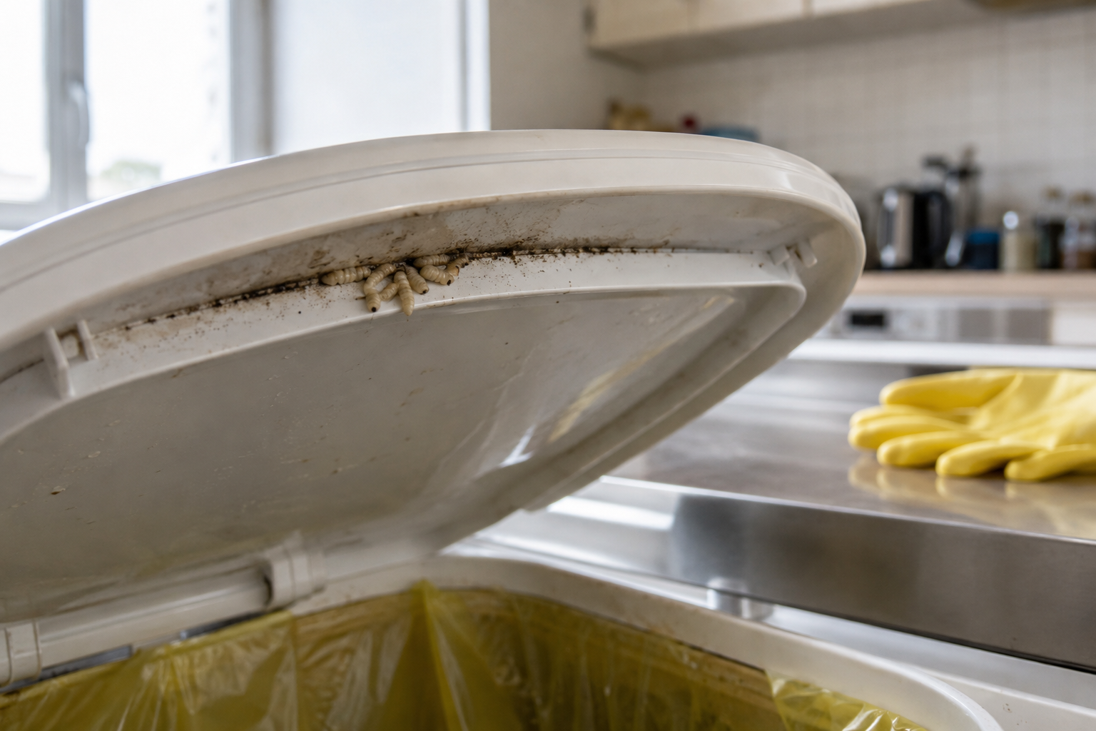 Larves de mouche sur le rebord intérieur d'un couvercle de poubelle de cuisine