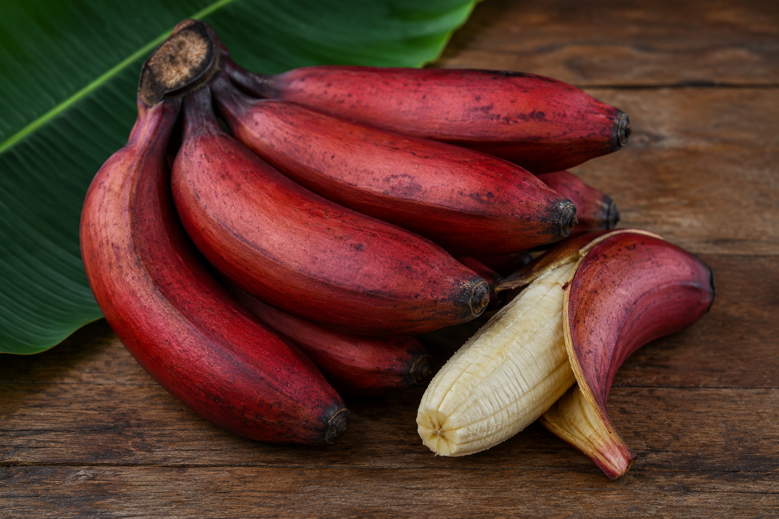 Régime de bananes rouges Red Dacca à la peau pourpre sur un étal de marché