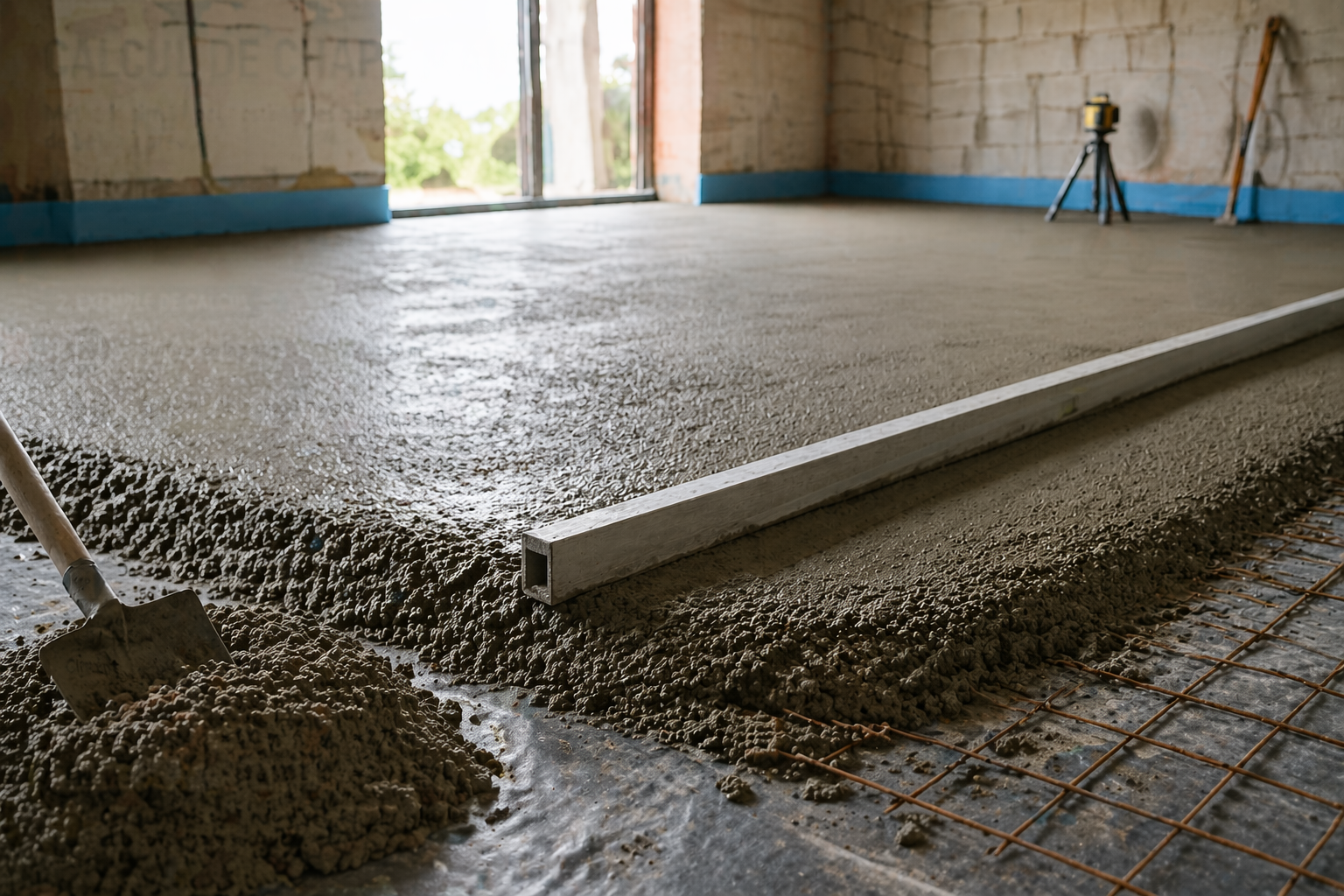 Chape maigre en cours de réalisation sur un chantier