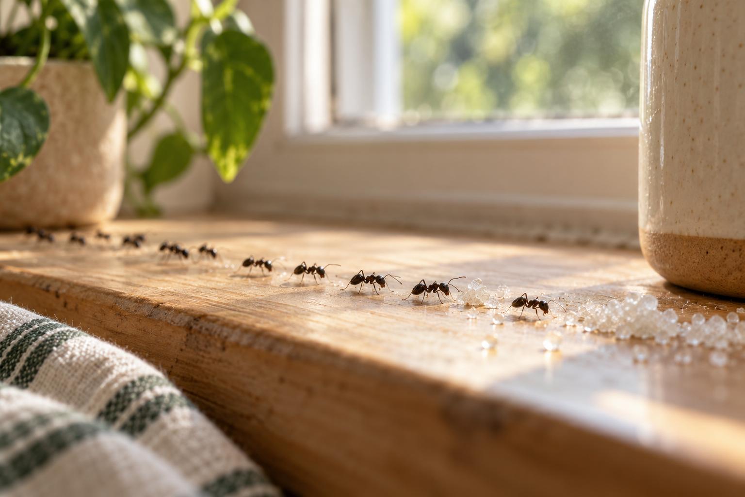 File de petites fourmis noires sur un rebord de fenêtre en bois dans une cuisine