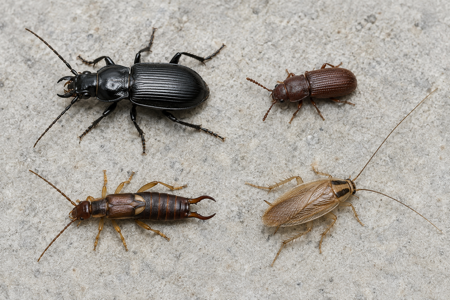 Quatre insectes bruns et noirs souvent confondus avec un cafard, photographiés côte à côte sur une pierre claire