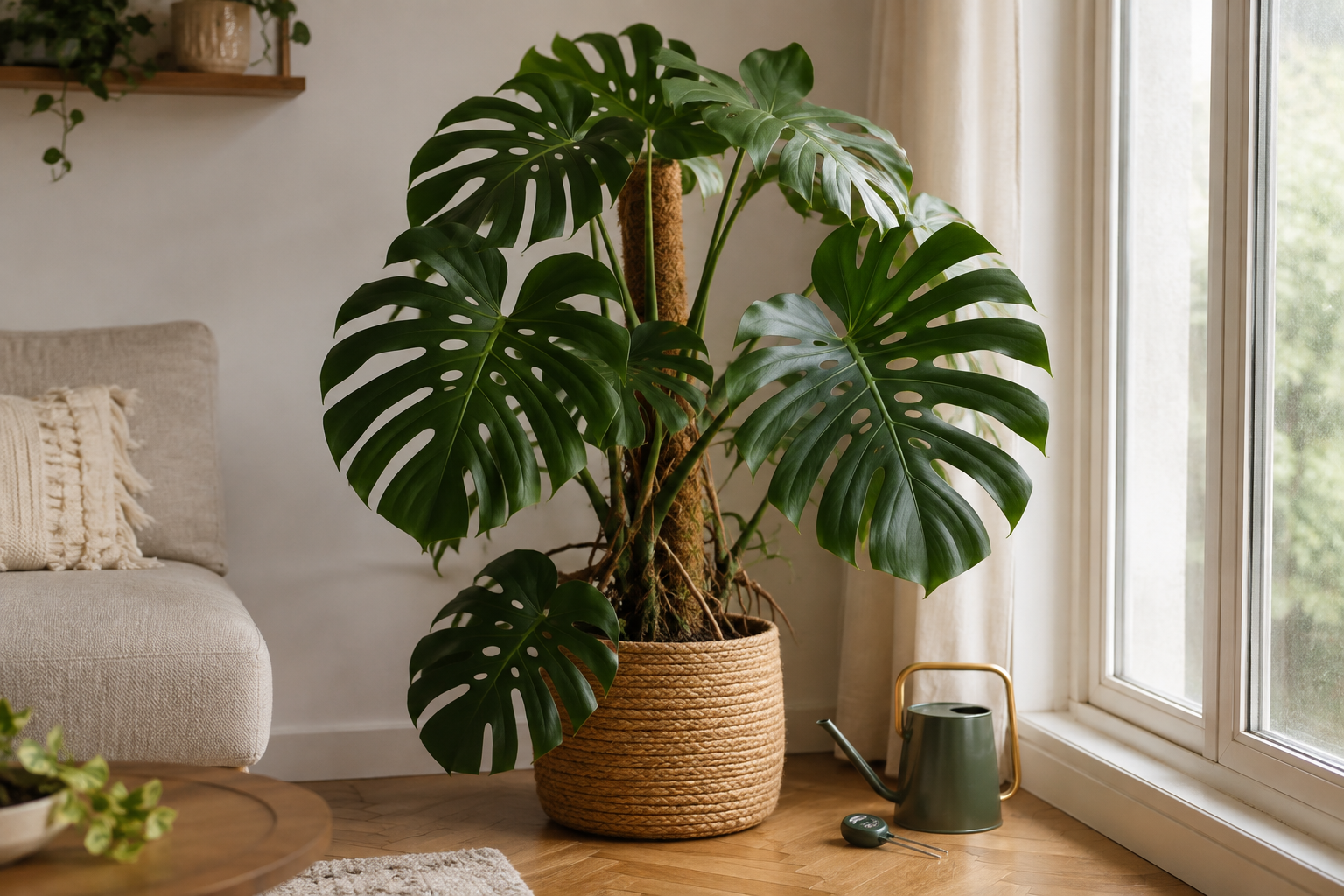 Monstera deliciosa avec tuteur en mousse près d'une fenêtre lumineuse dans un salon