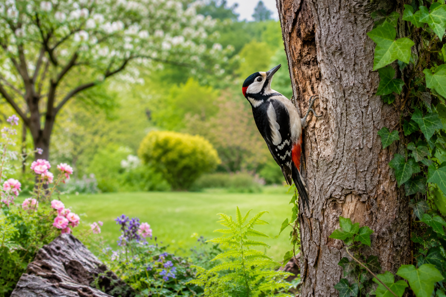 Pivert (Picus viridis) au plumage vert et calotte rouge sur le tronc d'un arbre dans un jardin