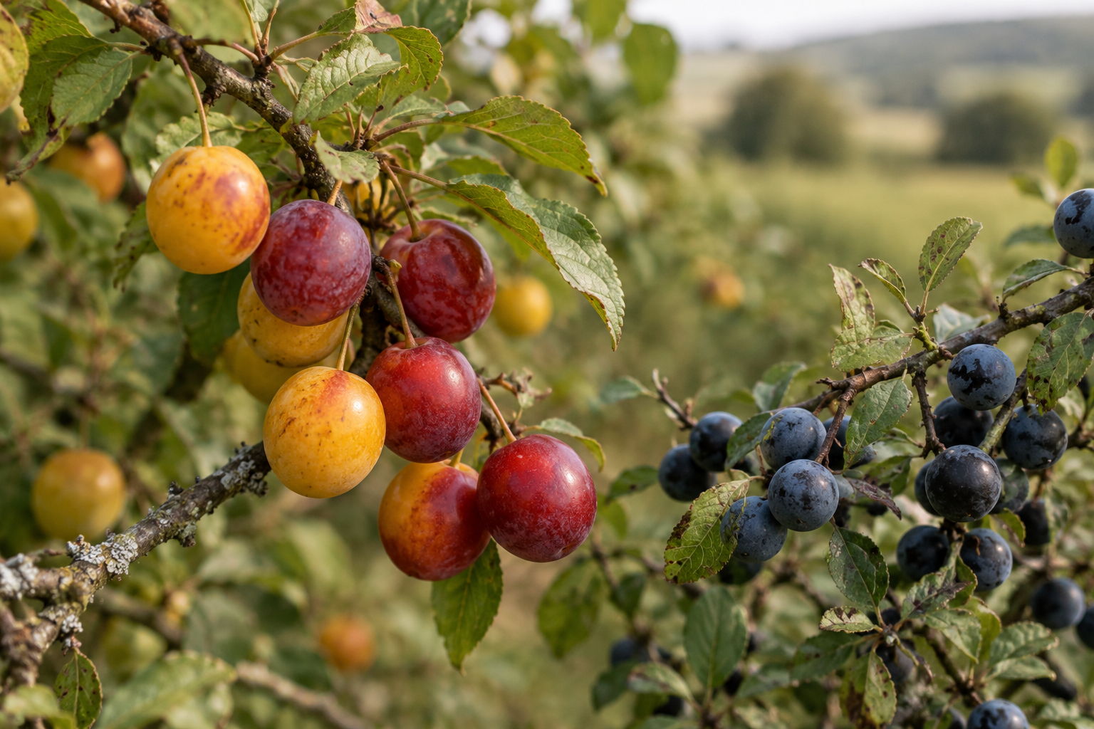 Branche de haie portant des prunes sauvages jaunes et rouges à côté de prunelles bleu-noir