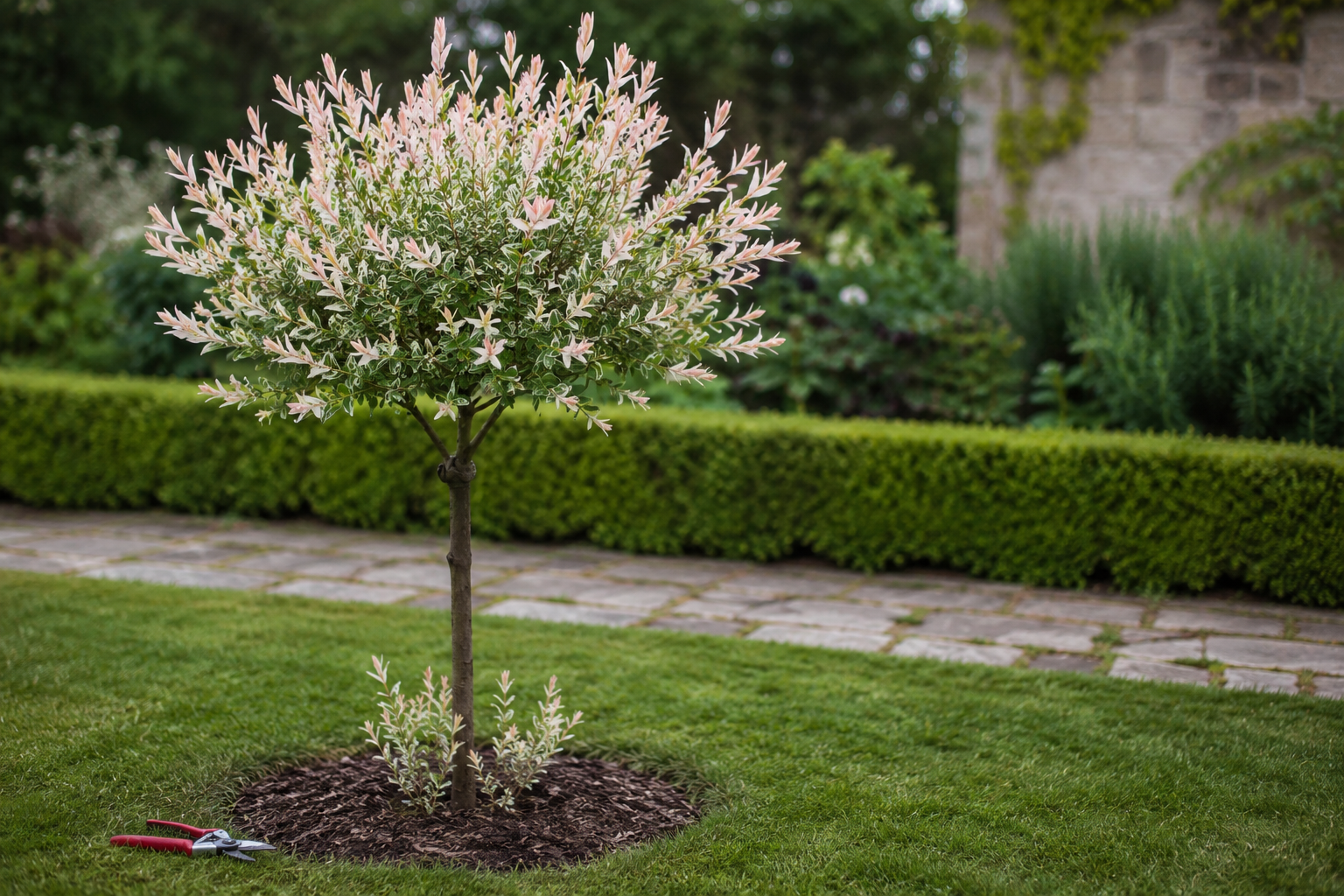 Saule crevette sur tige au feuillage panaché rose et crème dans un jardin au printemps